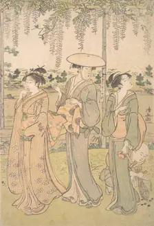 Three Women and a Small Boy beneath a Wisteria Arbor on the Bank of a Stream, ca. 1790. Creator: Torii Kiyonaga