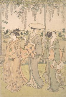 Three Women and a Small Boy beneath a Wisteria Arbor on the Bank of a Stream, ca. 1790. Creator: Torii Kiyonaga