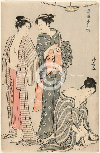 Three Women after a Bath, from the series "A Brocade of Eastern Manners..., c. 1783/84. Creator: Torii Kiyonaga.