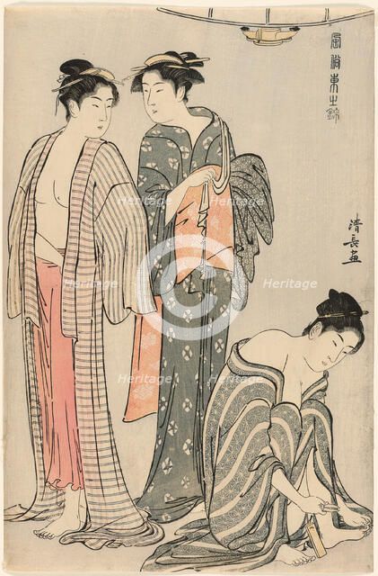 Three Women after a Bath, from the series "A Brocade of Eastern Manners..., c. 1783/84. Creator: Torii Kiyonaga.