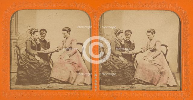 Three women at a table playing a game, 1855-1860. Creator: Unknown.