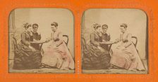 Three women at a table playing a game, 1855-1860. Creator: Unknown