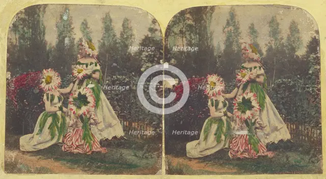 Three women dressed as \flowers\, about 1860. Creator: Unknown.