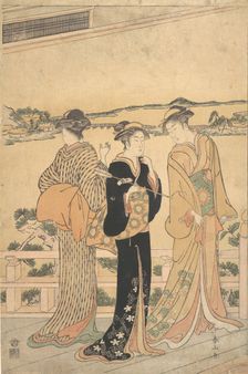 Three Women on a Veranda Overlooking a Bay, late 19th century. Creator: Katsukawa Shunzan