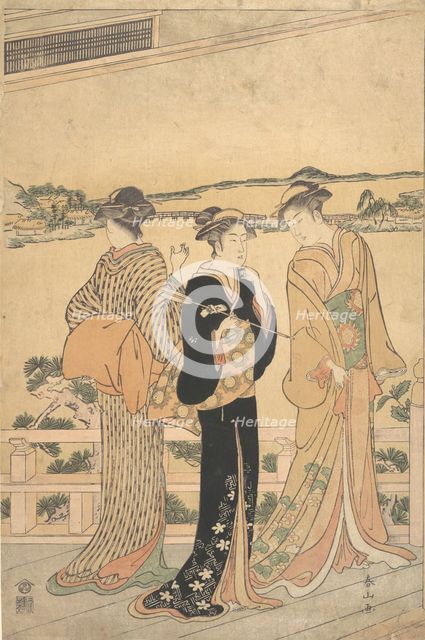 Three Women on a Veranda Overlooking a Bay, late 19th century. Creator: Katsukawa Shunzan.