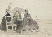 Three Women seated on Chairs on a Beach, late 19th century. Artist: Eugene Louis Boudin
