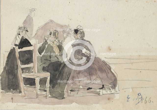 Three Women seated on Chairs on a Beach, late 19th century. Artist: Eugene Louis Boudin.