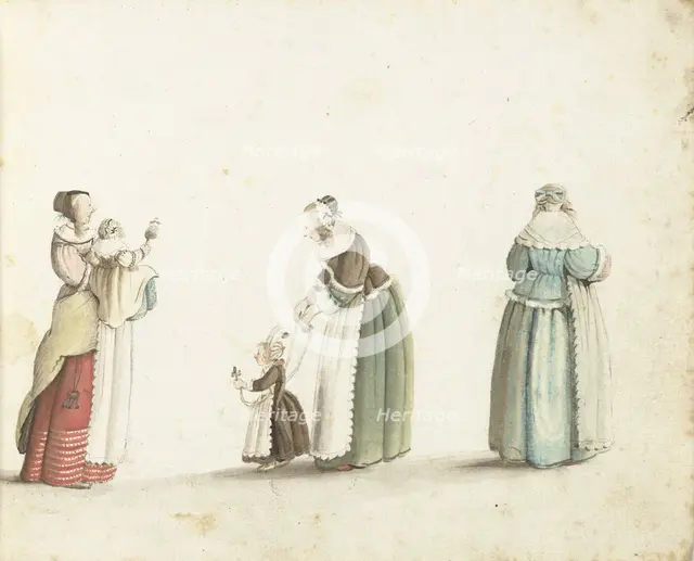 Three women standing with two children, c.1649. Creator: Gesina ter Borch.