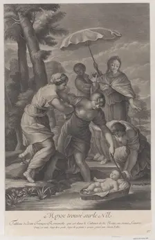 Three women pulling in the basket with the infant Moses from the water, ca. 1729. Creator: Simon Vallee