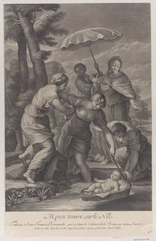 Three women pulling in the basket with the infant Moses from the water, ca. 1729. Creator: Simon Vallee