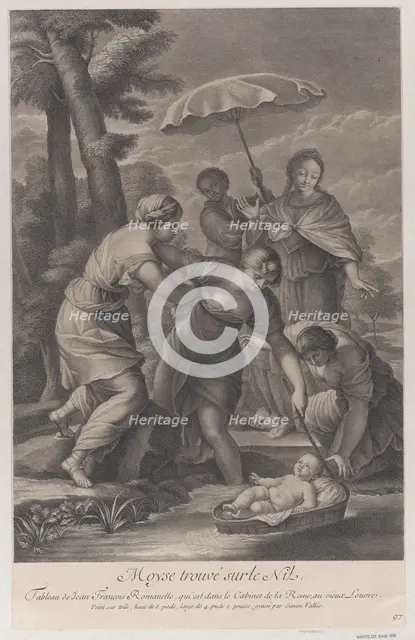Three women pulling in the basket with the infant Moses from the water, ca. 1729. Creator: Simon Vallee.