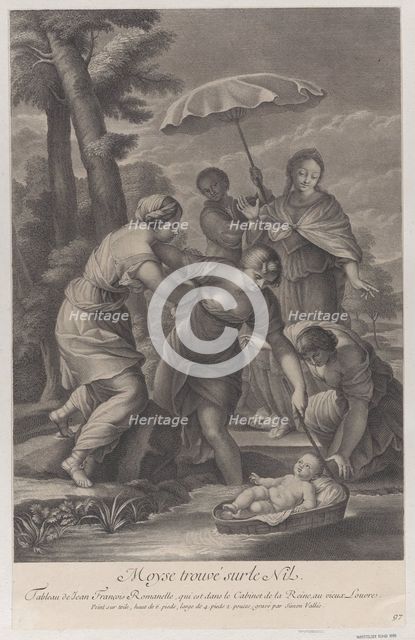 Three women pulling in the basket with the infant Moses from the water, ca. 1729. Creator: Simon Vallee.