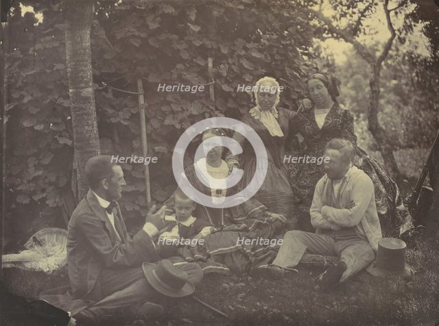 [Three Women,Two Men, and a Child on a Picnic], 1850s-60s. Creator: Franz Antoine.