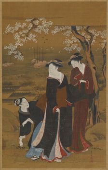 Three women under a flowering cherry tree at the seashore, 1769-1825. Creator: Utagawa Toyokuni I
