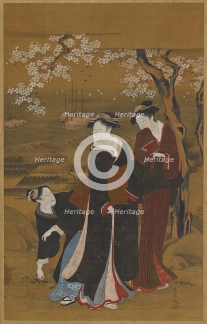 Three women under a flowering cherry tree at the seashore, 1769-1825. Creator: Utagawa Toyokuni I.