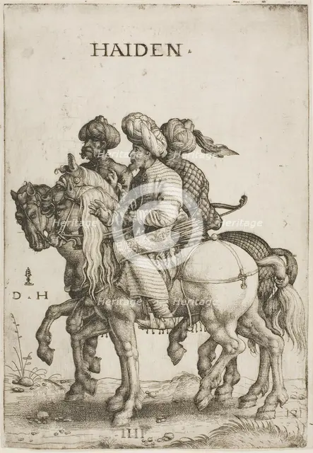 Three Turkish Soldiers (Cavalrymen), c. 1520. Creator: Daniel Hopfer.