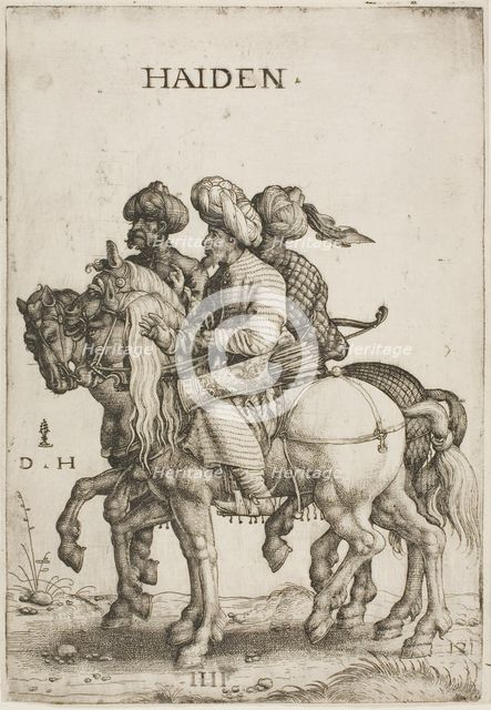 Three Turkish Soldiers (Cavalrymen), c. 1520. Creator: Daniel Hopfer.