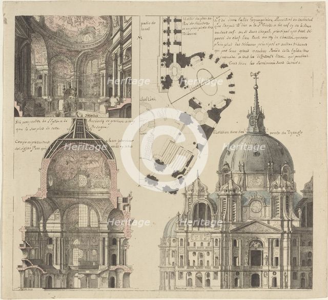 Three Views and a Plan of a Triangular Parish Church, c. 1750. Creator: Pierre Varin.