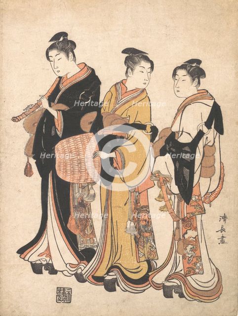 Three Young Women Masquerading as Komuso (Strolling Minstrel), ca. 1778. Creator: Torii Kiyonaga.
