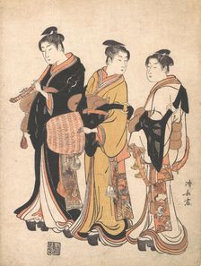 Three Young Women Masquerading as Komuso (Strolling Minstrel), ca. 1778. Creator: Torii Kiyonaga