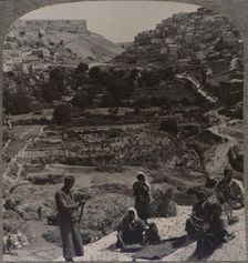 Threshing on roof; overlooking the valley of Kedron c1900