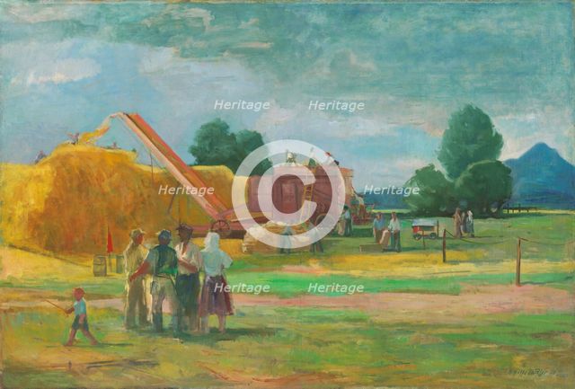 Threshing on State Property, 1950. Creator: Bedrich Hoffstädter.