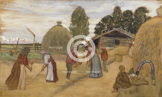 Threshing Floor, 1918. Artist: Kustodiev, Boris Michaylovich (1878-1927)