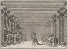 Throne room with a man in classical armor standing at center addressing a man seated on a ..., 1674. Creator: Mathäus Küsel