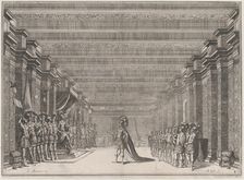Throne room with a man in classical armor standing at center addressing a man seated on a ..., 1674. Creator: Mathäus Küsel