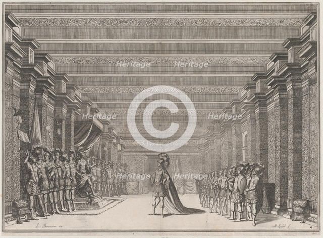 Throne room with a man in classical armor standing at center addressing a man seated on a ..., 1674. Creator: Mathäus Küsel.
