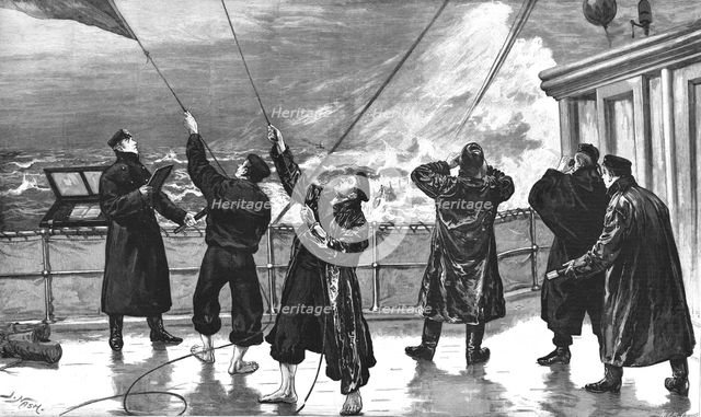 ''Through a Head Sea: H.M.S. "Aurora" Signalling a Strange Sail', 1891. Creator: Joseph Nash.