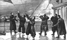 'Through a Head Sea: H.M.S. "Aurora" Signalling a Strange Sail 1891. Creator: Joseph Nash