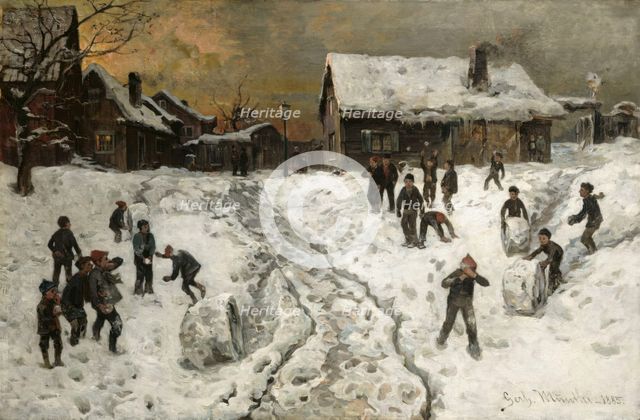 Throwing Snowballs, 1885. Creator: Gerhard Munthe.