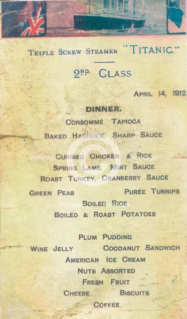 Titanic - 2nd Class Dinner Menu, 1912. Artist: Unknown.