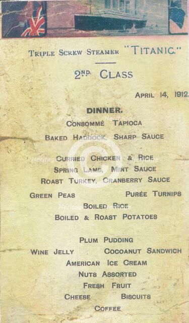 Titanic - 2nd Class Dinner Menu, 1912. Artist: Unknown.