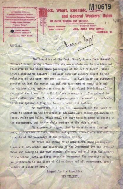 Titanic - Dock, Wharf, Riverside, and General Workers Union statement, 1912. Artist: Unknown.