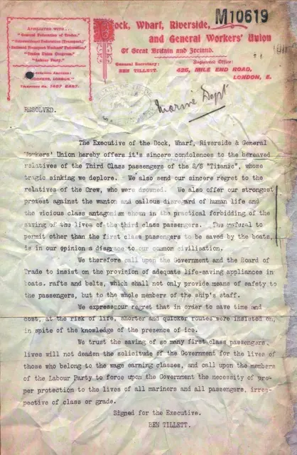 Titanic - Dock, Wharf, Riverside, and General Workers Union statement, 1912. Artist: Unknown.