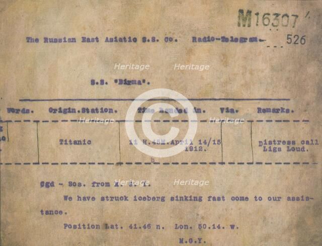 Titanic - Iceberg Telegram, 1912. Artist: Unknown.