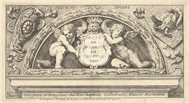 Titeplate to series of prints after Poloidoro, title on a shield supported by two putti, 1658. Creator: Giovanni Battista Galestruzzi.