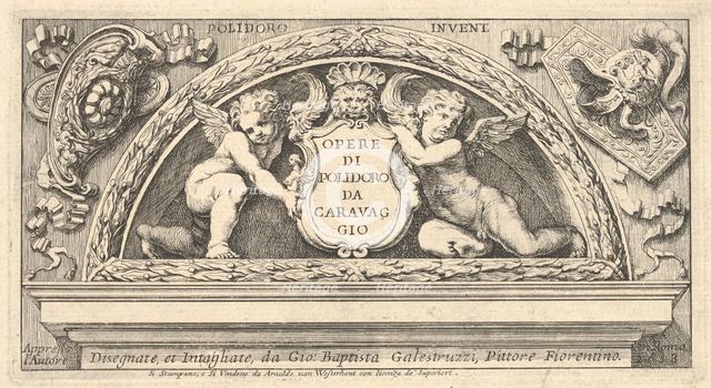 Titeplate to series of prints after Poloidoro, title on a shield supported by two putti, 1658. Creator: Giovanni Battista Galestruzzi.