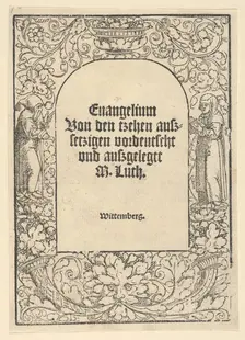 Title-border with a Hermit and a Nun, Vase of Fruit, a Mask and Cornucopias, 1520. Creator: Hans Cranach