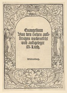 Title-border with a Hermit and a Nun, Vase of Fruit, a Mask and Cornucopias, 1520. Creator: Hans Cranach