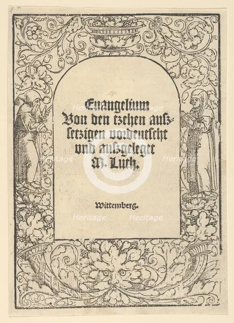 Title-border with a Hermit and a Nun, Vase of Fruit, a Mask and Cornucopias, 1520. Creator: Hans Cranach.
