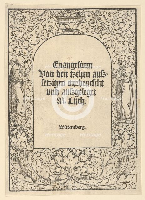 Title-border with a Hermit and a Nun, Vase of Fruit, a Mask and Cornucopias, 1520. Creator: Hans Cranach.