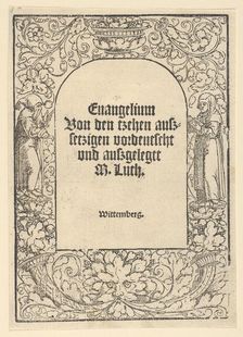 Title-border with a Hermit and a Nun, Vase of Fruit, a Mask and Cornucopias, 1520. Creator: Hans Cranach