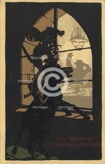 Title design of the book Town Musicians of Bremen by the Brothers Grimm, 1910s. Artist: Anonymous  