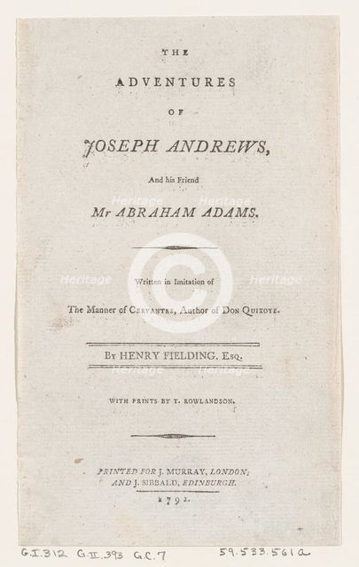 Title Page: "The Adventures of Joseph Andrews, and His Friend Mr. Abraham Adams", 1792., 1792. Creator: Thomas Rowlandson.