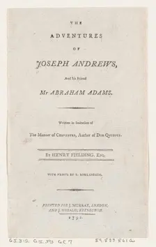 Title Page: "The Adventures of Joseph Andrews, and His Friend Mr. Abraham Adams", 1792., 1792. Creator: Thomas Rowlandson