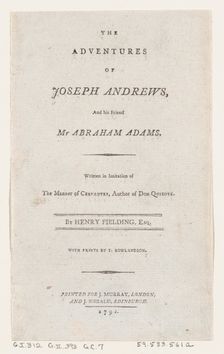 Title Page: "The Adventures of Joseph Andrews, and His Friend Mr. Abraham Adams", 1792., 1792. Creator: Thomas Rowlandson
