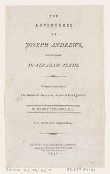 Title Page: "The Adventures of Joseph Andrews, and His Friend Mr. Abraham Adams", 1792., 1792. Creator: Thomas Rowlandson